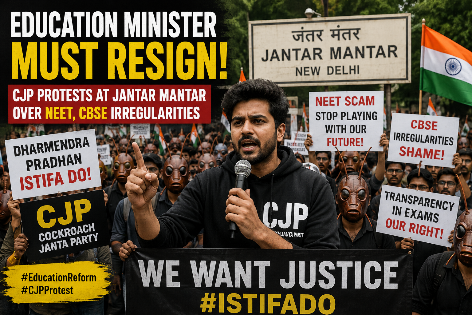 Dharmendra Pradhan istifa do': Cockroach Janta Party (Cjp) protests at Jantar Mantar over NEET, CBSE irregularities