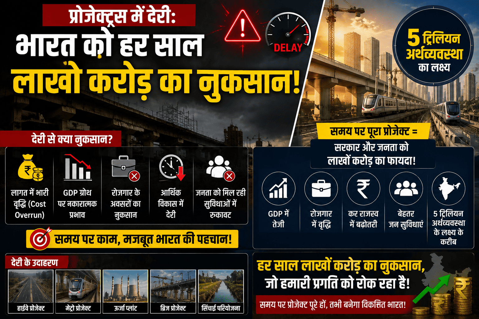 प्रोजेक्ट्स में देरी: भारत को हर साल 5 लाख करोड़ का नुकसान! समय पर काम पूरा करने से 5 ट्रिलियन इकोनॉमी कितनी आसान