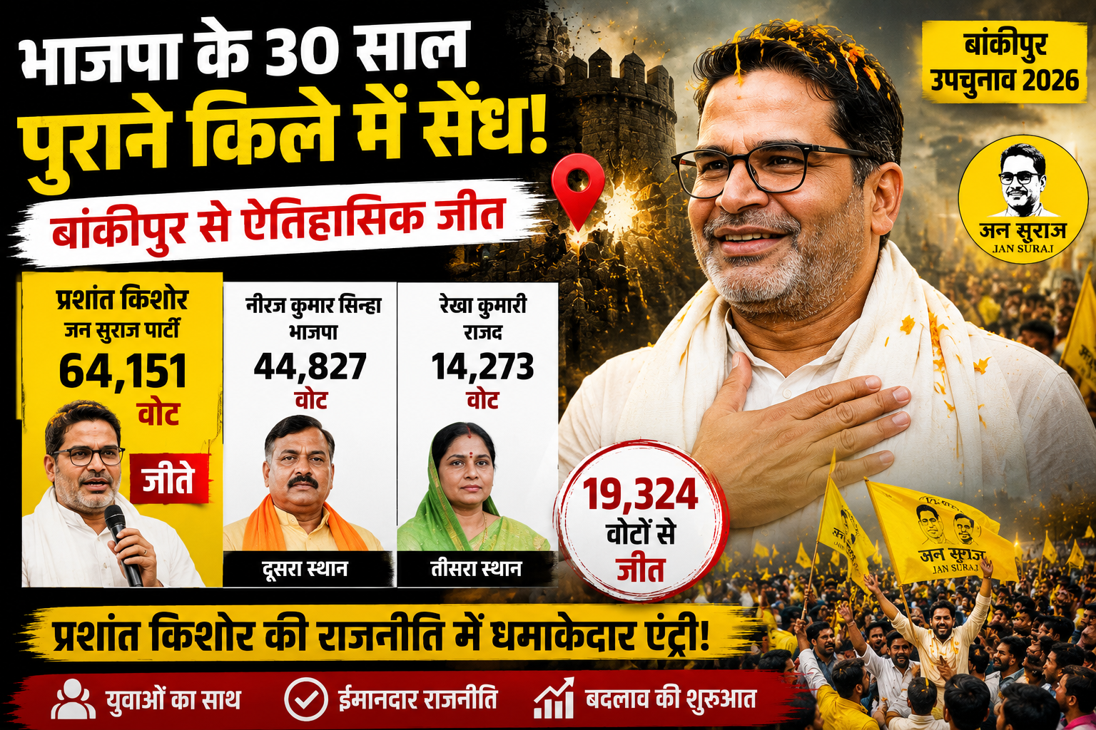 भाजपा साल पुराने किले में सेंध! बांकीपुर से प्रशांत किशोर जीते