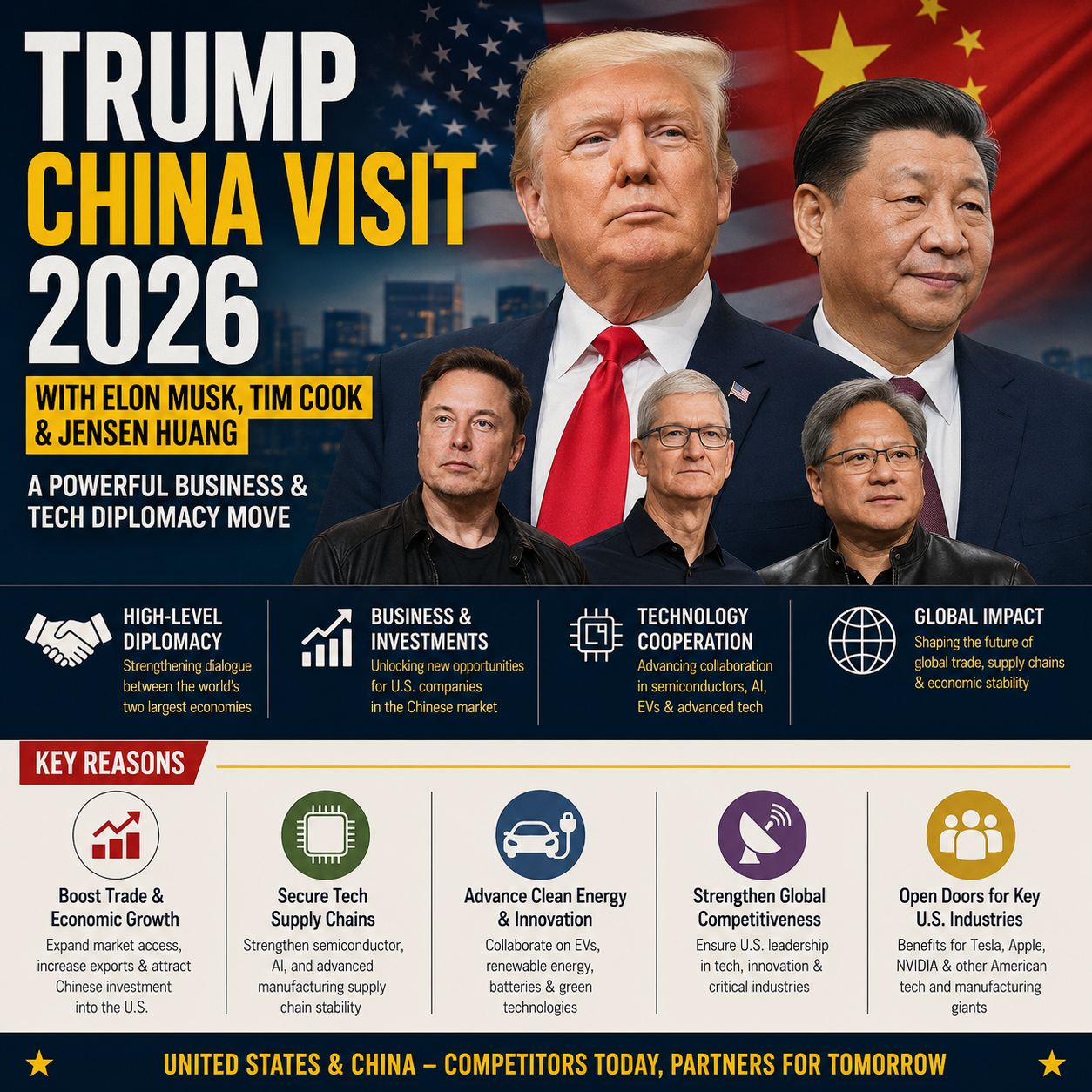 Trump China Visit 2026 with Elon Musk Tim Cook Jensen Huang: Reasons, Deals & Analysis